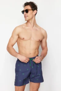 MAN Navy Blue Standard Fit Crab Patterned Swimsuit Swim Shorts - Image 2