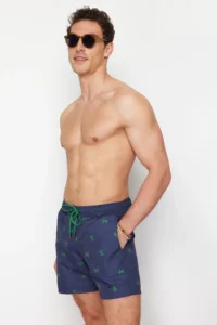 MAN Navy Blue Standard Fit Crab Patterned Swimsuit Swim Shorts - Image 3