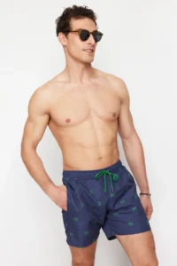 MAN Navy Blue Standard Fit Crab Patterned Swimsuit Swim Shorts - Image 4