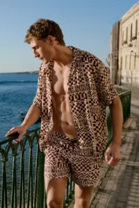 MAN Beige Standard Size Geometric Patterned Swimsuit Swim Shorts