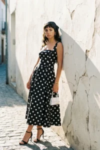 TRENDYOLMİLLA Black-WHITE Polka Dot  A-Cut Satin Weaving Chic Evening Gown Gece Graduation Dress