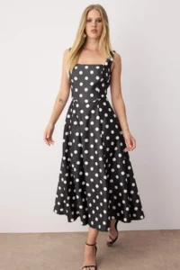 TRENDYOLMİLLA Black-WHITE Polka Dot  A-Cut Satin Weaving Chic Evening Gown Gece Graduation Dress - Image 2
