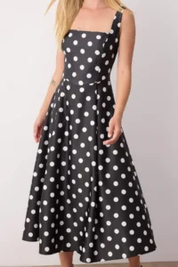 TRENDYOLMİLLA Black-WHITE Polka Dot  A-Cut Satin Weaving Chic Evening Gown Gece Graduation Dress - Image 4