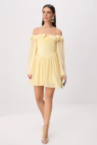 TRENDYOLMİLLA Yellow Strapless Frilly Princess Weaving Siphon Mini Lined Wedding/Marriage Dress