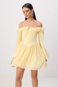 TRENDYOLMİLLA Yellow Strapless Frilly Princess Weaving Siphon Mini Lined Wedding/Marriage Dress - Image 2