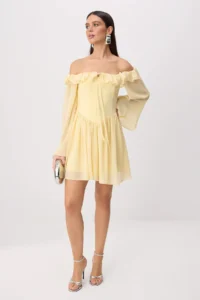 TRENDYOLMİLLA Yellow Strapless Frilly Princess Weaving Siphon Mini Lined Wedding/Marriage Dress - Image 3