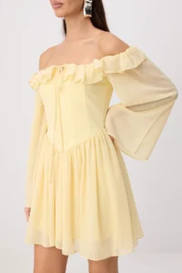 TRENDYOLMİLLA Yellow Strapless Frilly Princess Weaving Siphon Mini Lined Wedding/Marriage Dress - Image 4