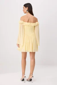 TRENDYOLMİLLA Yellow Strapless Frilly Princess Weaving Siphon Mini Lined Wedding/Marriage Dress - Image 5