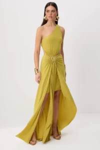TRENDYOLMİLLA Oil Green Accessory Detailed One Shoulder Maxi Evening Gown & Graduation Dress
