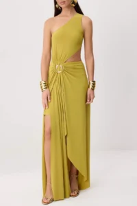 TRENDYOLMİLLA Oil Green Accessory Detailed One Shoulder Maxi Evening Gown & Graduation Dress - Image 3