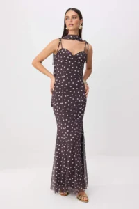 TRENDYOLMİLLA Brown-Multicolored Polka Dot Weaving Tulle Maxi Evening Gown & Graduation Dress