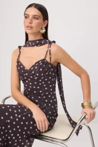 TRENDYOLMİLLA Brown-Multicolored Polka Dot Weaving Tulle Maxi Evening Gown & Graduation Dress - Image 2