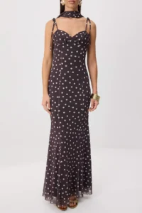 TRENDYOLMİLLA Brown-Multicolored Polka Dot Weaving Tulle Maxi Evening Gown & Graduation Dress - Image 3