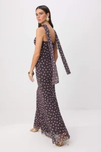 TRENDYOLMİLLA Brown-Multicolored Polka Dot Weaving Tulle Maxi Evening Gown & Graduation Dress - Image 4