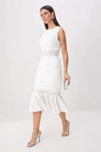 TRENDYOLMİLLA WHITE Lace Detailed Weaving Midi Lined Elegant/Evening Dress