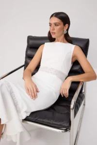 TRENDYOLMİLLA WHITE Lace Detailed Weaving Midi Lined Elegant/Evening Dress - Image 2