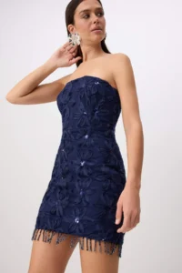 TRENDYOLMİLLA Navy Blue Floral textured and Skirt Detailed Mini Lined Dress - Image 2