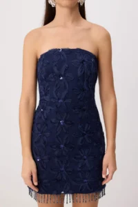 TRENDYOLMİLLA Navy Blue Floral textured and Skirt Detailed Mini Lined Dress - Image 3