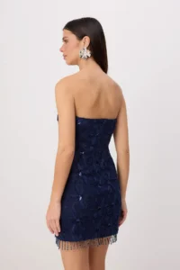 TRENDYOLMİLLA Navy Blue Floral textured and Skirt Detailed Mini Lined Dress - Image 4