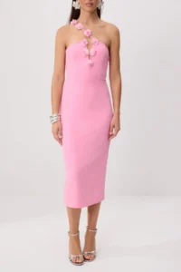 TRENDYOLMİLLA Pink Floral Appliqued Weaving Finike Midi Lined Dress - Image 3
