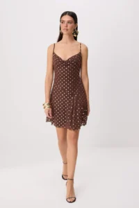 TRENDYOLMİLLA Brown Sleeveless Off-Shoulder Neck Polka Dot Tulle Mini Lined Dress
