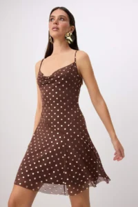 TRENDYOLMİLLA Brown Sleeveless Off-Shoulder Neck Polka Dot Tulle Mini Lined Dress - Image 2