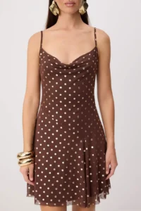 TRENDYOLMİLLA Brown Sleeveless Off-Shoulder Neck Polka Dot Tulle Mini Lined Dress - Image 3