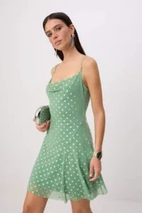 TRENDYOLMİLLA Light Green Sleeveless Off-Shoulder Neck Polka Dot Tulle Mini Lined Dress - Image 2