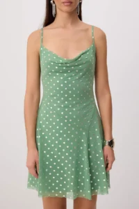 TRENDYOLMİLLA Light Green Sleeveless Off-Shoulder Neck Polka Dot Tulle Mini Lined Dress - Image 3