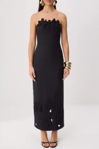 TRENDYOLMİLLA Black 3D Floral Detailed Weaving Maxi Unlined Dress - Image 3