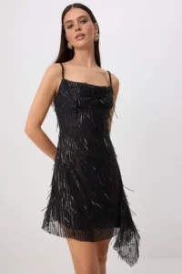 TRENDYOLMİLLA Black Asymmetric Detailed sequined Short / Mini Dress - Image 2