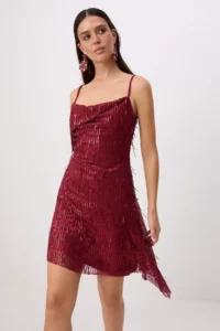 TRENDYOLMİLLA Burgundy Asymmetric Detailed sequined Short / Mini Dress - Image 2