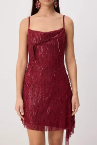 TRENDYOLMİLLA Burgundy Asymmetric Detailed sequined Short / Mini Dress - Image 3