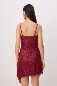 TRENDYOLMİLLA Burgundy Asymmetric Detailed sequined Short / Mini Dress - Image 4