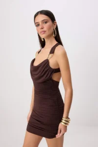 TRENDYOLMİLLA Brown Accessory Detailed Drapeli Short/Mini Dress - Image 2