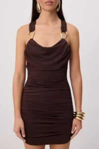 TRENDYOLMİLLA Brown Accessory Detailed Drapeli Short/Mini Dress - Image 3