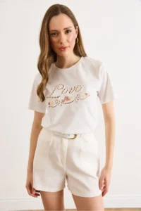Olalook Women's White Love Scallop Detailed Cotton T-Shirt - Image 2
