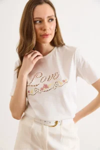 Olalook Women's White Love Scallop Detailed Cotton T-Shirt - Image 4