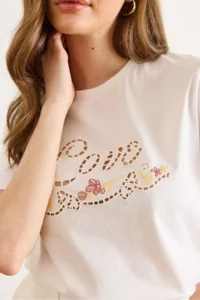 Olalook Women's White Love Scallop Detailed Cotton T-Shirt - Image 5