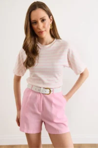 Olalook Women's Pink Ecru Striped Bat Basic T-Shirt