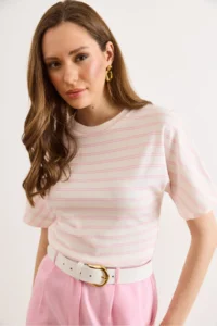 Olalook Women's Pink Ecru Striped Bat Basic T-Shirt - Image 2