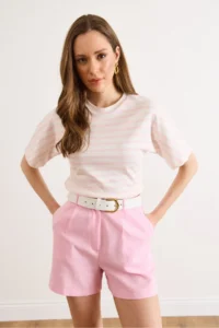 Olalook Women's Pink Ecru Striped Bat Basic T-Shirt - Image 3