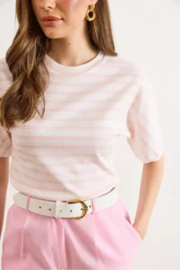 Olalook Women's Pink Ecru Striped Bat Basic T-Shirt - Image 4