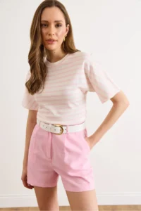Olalook Women's Pink Ecru Striped Bat Basic T-Shirt - Image 5