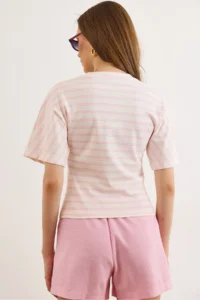 Olalook Women's Pink Ecru Striped Bat Basic T-Shirt - Image 6