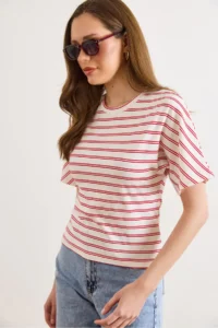 Olalook Women's Red Ecru Striped Bat Basic T-Shirt