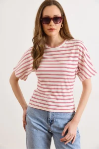 Olalook Women's Red Ecru Striped Bat Basic T-Shirt - Image 2