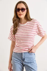 Olalook Women's Red Ecru Striped Bat Basic T-Shirt - Image 3