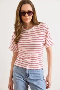 Olalook Women's Red Ecru Striped Bat Basic T-Shirt - Image 4