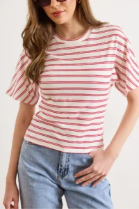 Olalook Women's Red Ecru Striped Bat Basic T-Shirt - Image 5